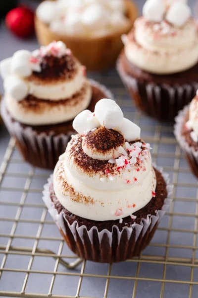 Cupcake Cioccolato Caldo Con Panna Montata Glassa Condita Con Marshmallow — Foto Stock