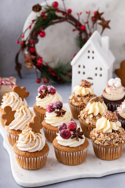 Variety Festive Christmas Cupcakes Table Holiday Bakery Assortment Catering Idea — Stock Photo, Image