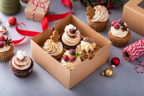 Variety Festive Christmas Cupcakes Box Packing Homemade Gifts Bakery Packaging — Stock Photo, Image