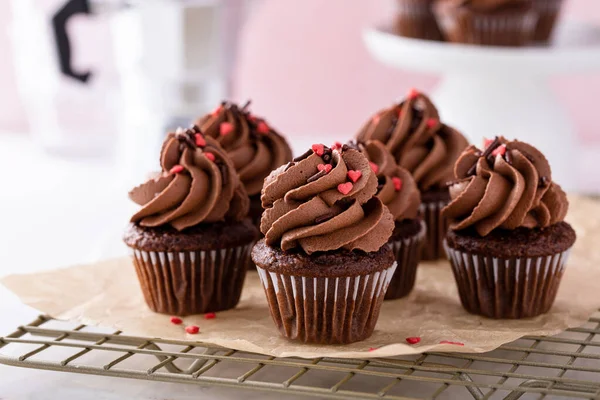 Dark chocolate mini cupcakes with chocolate ganache frosting and heart sprinkles for Valentines day, pink background