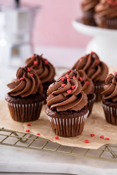 Dark chocolate mini cupcakes with chocolate ganache frosting and heart sprinkles for Valentines day, pink background