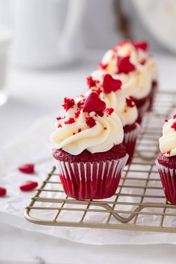 Red velvet mini cupcakes with cream cheese frosting, homemade dessert idea for Valentines day