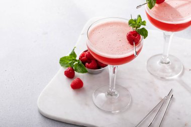 Raspberry martini cocktail with vodka, pineapple juice and raspberry liqueur garnished with mint
