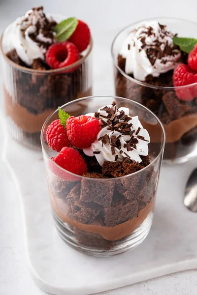 Chocolate trifle or parfait with raspberry, chocolate mousse and whipped cream