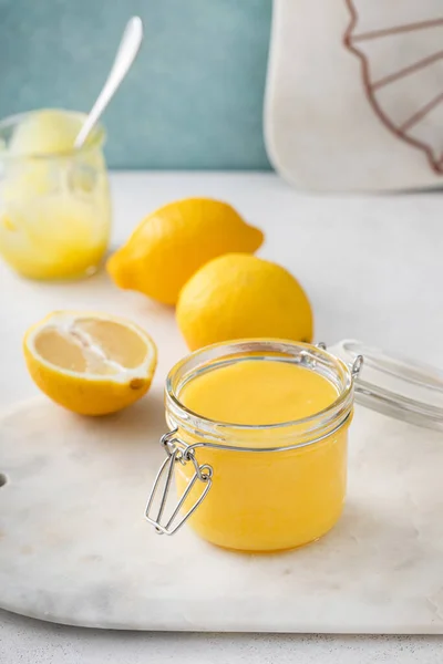 Lemon curd, homemade lemon sauce or custard in a jar