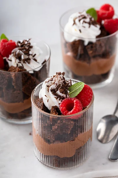 Chocolate Trifle Parfait Raspberry Chocolate Mousse Whipped Cream — Stock Photo, Image