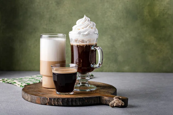 Variety Coffee Espresso Drinks Different Glasses Latte Viennise Irish Coffee — Stok fotoğraf