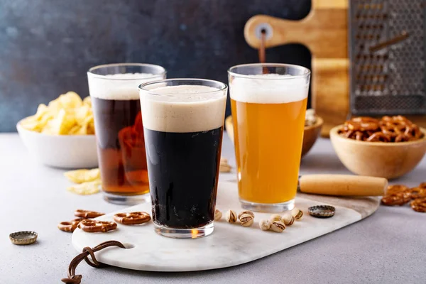 Verscheidenheid Aan Bier Met Donkere Stout Traditionele Pils Belgisch Wit — Stockfoto