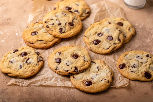 Chocolate Chip Cookies Flaky Salt Parchment Paper Homemade Freshly Baked — Stock Photo, Image