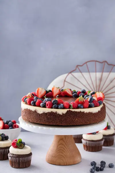 巧克力和香草芝士蛋糕 配上黑巧克力和夏季浆果 — 图库照片