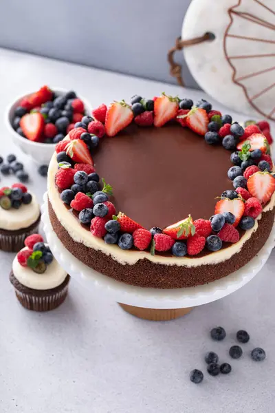초콜릿과 바닐라 케이크는 어두운 초콜릿 가메슈와 열매로 — 스톡 사진