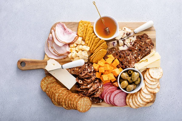 Charcuterie Board Cheese Board Variety Cheeses Meat Other Snacks — Stock Photo, Image