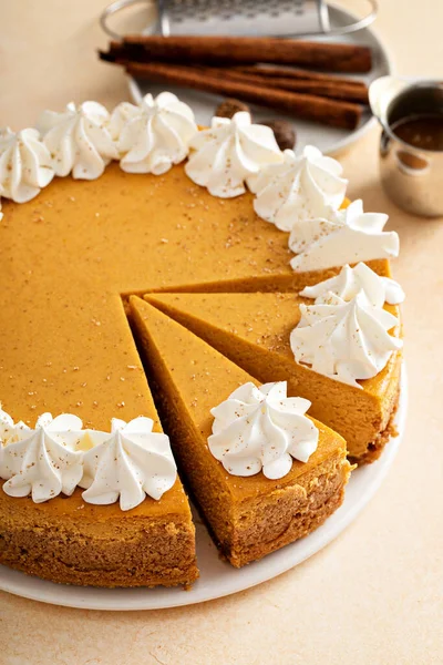 Pumpkin Cheesecake Fall Spices Topped Whipped Cream Dessert Thanksgiving Whole — Stock Fotó