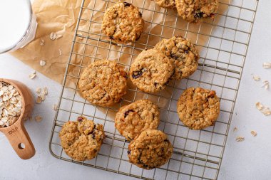 Yulaf ezmeli, cevizli ve kuru yaban mersinli sağlıklı kahvaltı kurabiyeleri.