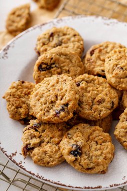 Yulaf ezmeli, cevizli ve kuru yaban mersinli sağlıklı kahvaltı kurabiyeleri.