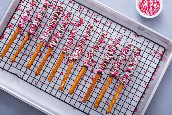 Chocolate Dipped Pretzel Rods Dark White Chocolate Pink Heart Sprinkles Royalty Free Stock Images