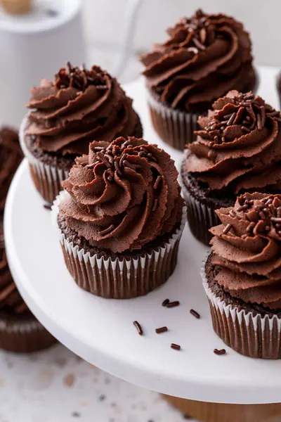 Chocolate cupcakes topped with whipped chocolate ganache and chocolate sprinkles
