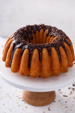 Çikolatalı ganache ve çikolata parçalı geleneksel turuncu gölet keki.