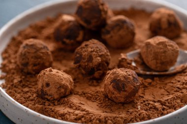 İçinde kakao tozu olan çikolatalı ganache trüf mantarı, ev yapımı tatlı fikri.