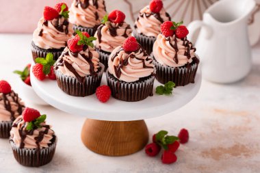 Ahududulu çikolatalı kek ve ahududu kreması. Çikolata jöleli.