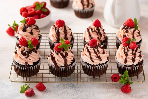 Ahududulu çikolatalı kek ve ahududu kreması. Çikolata jöleli.