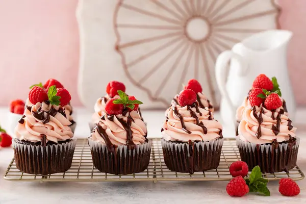 Ahududulu çikolatalı kek ve ahududu kreması. Çikolata jöleli.