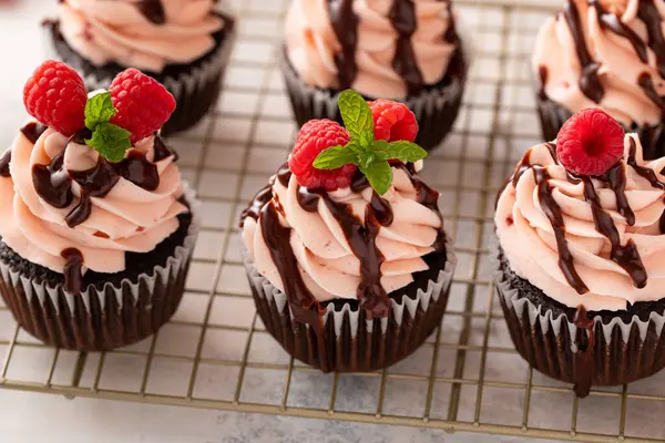 Ahududulu çikolatalı kek ve ahududu kreması. Çikolata jöleli.