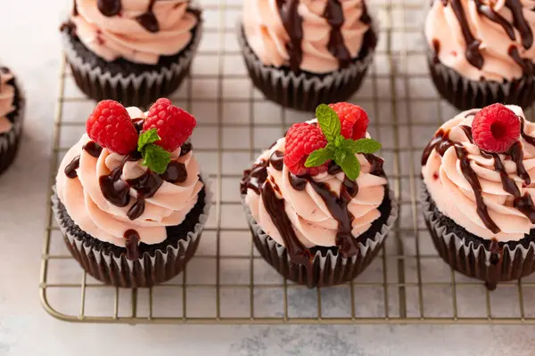 Ahududulu çikolatalı kek ve ahududu kreması. Çikolata jöleli.