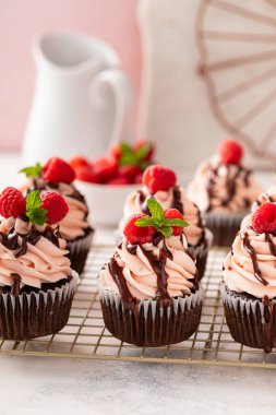 Ahududulu çikolatalı kek ve ahududu kreması. Çikolata jöleli.