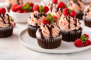 Ahududulu çikolatalı kek ve ahududu kreması. Çikolata jöleli.