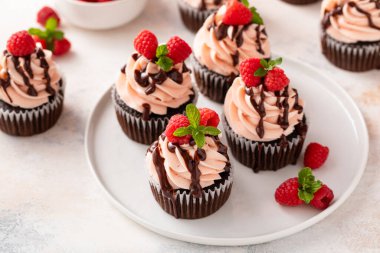 Ahududulu çikolatalı kek ve ahududu kreması. Çikolata jöleli.