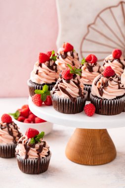 Ahududulu çikolatalı kek ve ahududu kreması. Çikolata jöleli.