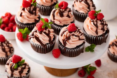 Ahududulu çikolatalı kek ve ahududu kreması. Çikolata jöleli.