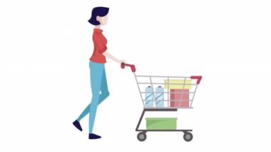 Çizgi film karakteri bir alışveriş arabasıyla yürürken çekilmiş bir animasyon. Perakende satış, alışveriş ve yaşam tarzı temaları. 4k, Alfa Kanalı dahil.