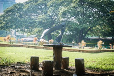 Rizal Park, Manila, Filipinler 2 Temmuz 2014: Taft Caddesi, Manila, Filipinler yakınlarındaki Rizal Park 'taki bir ağacın altında masa ve sandalyeler
