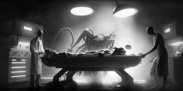 Creepy black-and-white view of doctors performing an alien autopsy in a dystopian operating room. A larger alien observes.
