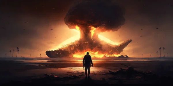 A lone silhouetted solider stands amidst the night, illuminated by a burning fire and its mesmerizing orange flames from a nuclear bomb.