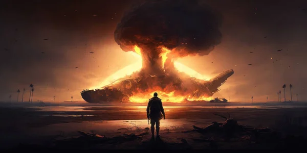 炎と核爆弾からの魅惑的なオレンジ色の炎に照らされて 夜の間に一人のシルエットの兵士が立っています ロイヤリティフリーのストック画像