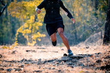 Man trail running in forest cross country running along trail