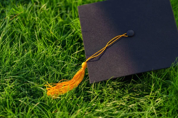 Les Diplômés Portent Une Robe Noire Chapeau Noir Niveau Universitaire — Photo