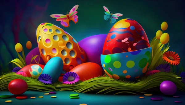 Bunch of colorful eggs Easter, different abstract elements and flowers. Set colorful Easter Eggs 3d render. Easter concept composition. Easter concept composition