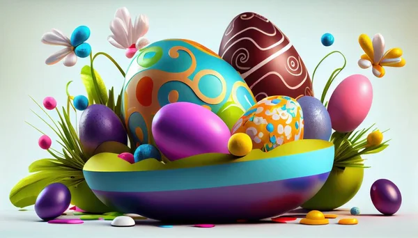 Bunch of colorful eggs Easter, different abstract elements and flowers. Set colorful Easter Eggs 3d render. Easter concept composition. Easter concept composition