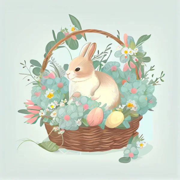 Cute spring rabbit in a basket with flowers and Easter eggs. Cartoon spring scene for traditional greeting cards. Flat vintage design illustration