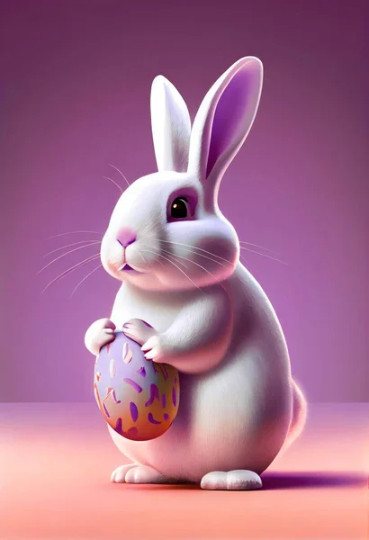 3d porcelain white rabbit with easter egg decoration collection. Easter holiday decor elements isolated on pink background.