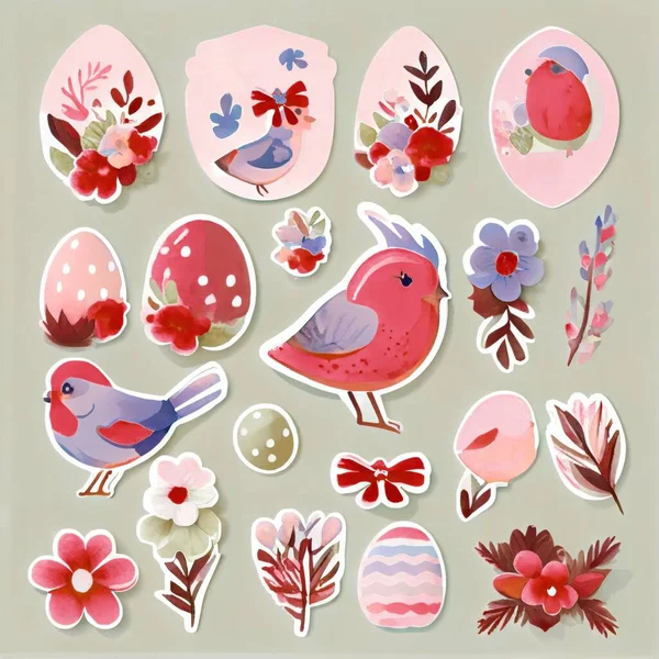 Set of Easter gift stickers, scrapbooking elements, labels, badges with cute flowers and birds. Easter greeting stickers with hen, flowers, eggs.