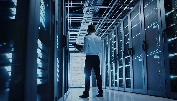 Engineer manager connecting data center on global networking in server room of storage systems and connect of data on internet network business