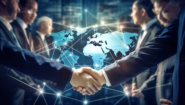 Teamwork of business people around the world through smart innovation technology networks, economic development, business deal, marketing planning and success from business partnership agreements