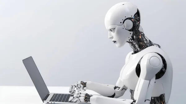Ai Chatbot white Robot Sitting At Desk Using Computer As Artificial Intelligence And Machine Learning Concept on white background
