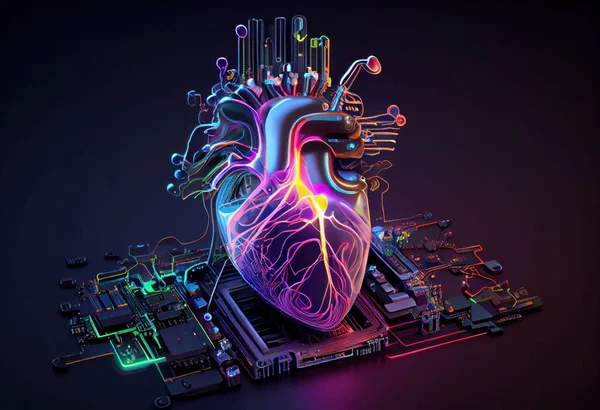 Human Heart as a High-tech Motherboard Chipboard on vibrant Neon