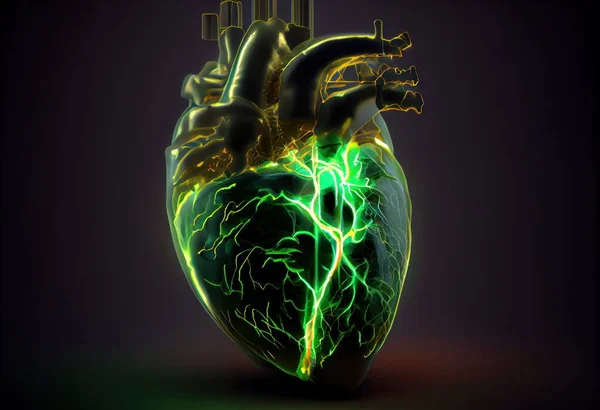 Human Heart as a High-tech Motherboard Chipboard on vibrant Neon